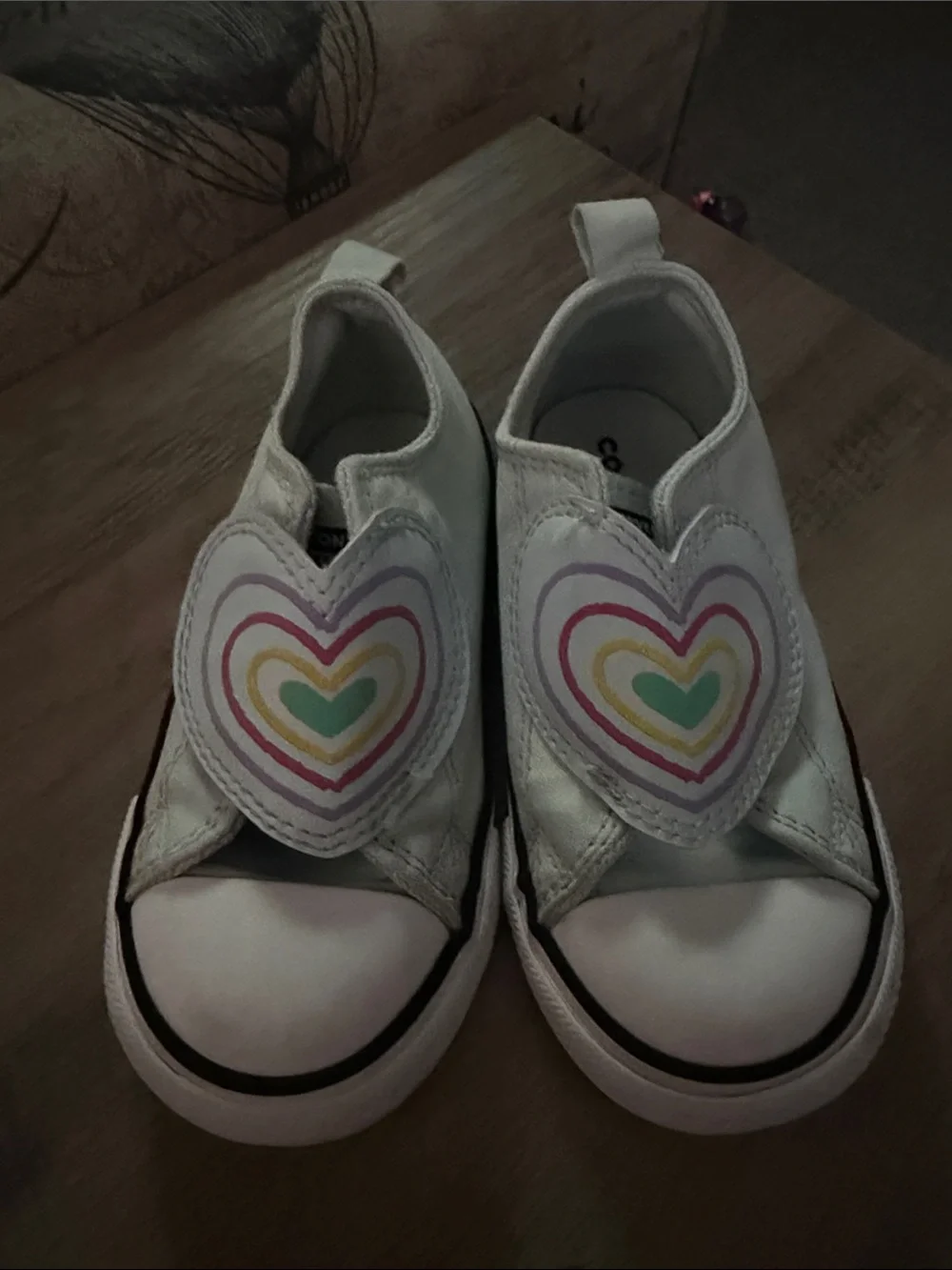 Kids Converse size 8T White and teal Slip-On Sneakers with Rainbow Heart Detail
